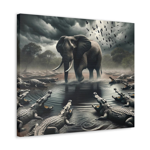 Majestic River Standoff: Elephant's Tranquility Amidst Predators - Nature Canvas Print