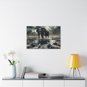 Majestic River Standoff: Elephant's Tranquility Amidst Predators - Nature Canvas Print