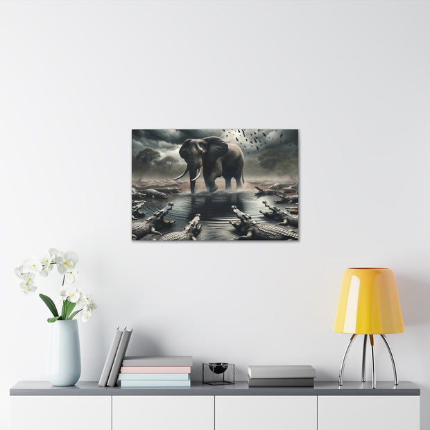 Majestic River Standoff: Elephant's Tranquility Amidst Predators - Nature Canvas Print