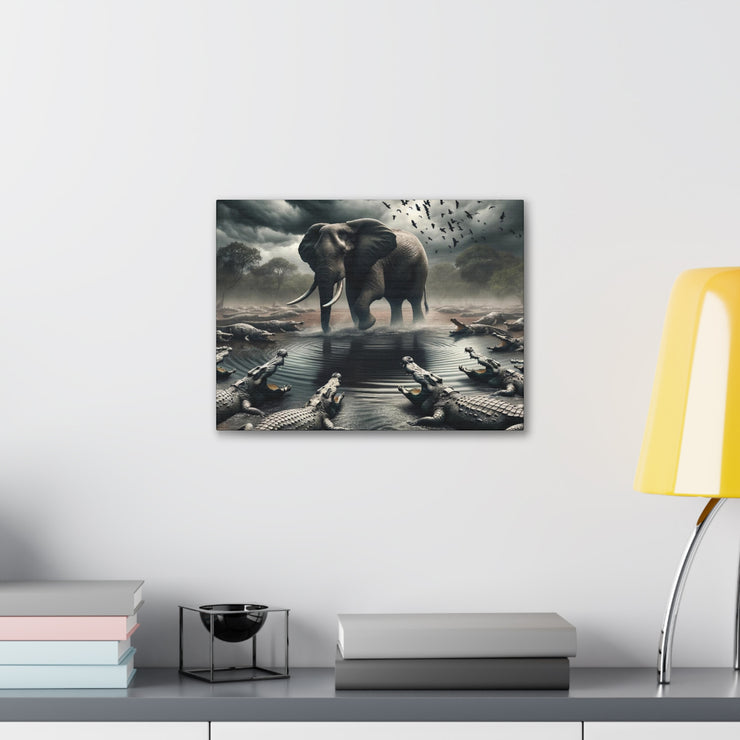 Majestic River Standoff: Elephant's Tranquility Amidst Predators - Nature Canvas Print