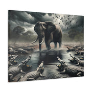 Majestic River Standoff: Elephant's Tranquility Amidst Predators - Nature Canvas Print