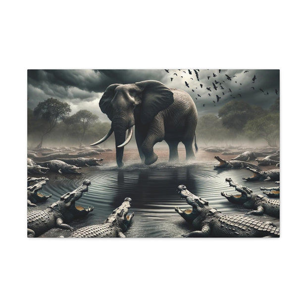 Majestic River Standoff: Elephant's Tranquility Amidst Predators - Nature Canvas Print