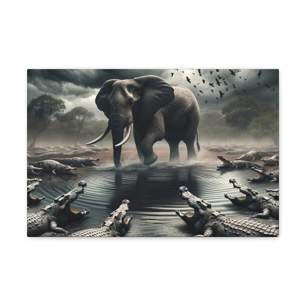 Majestic River Standoff: Elephant's Tranquility Amidst Predators - Nature Canvas Print