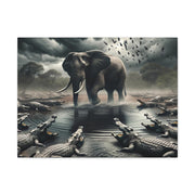 Majestic River Standoff: Elephant's Tranquility Amidst Predators - Nature Canvas Print