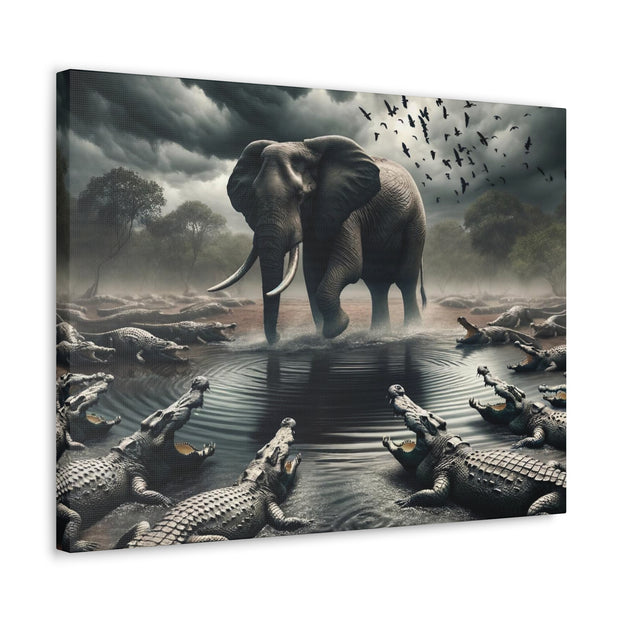 Majestic River Standoff: Elephant's Tranquility Amidst Predators - Nature Canvas Print