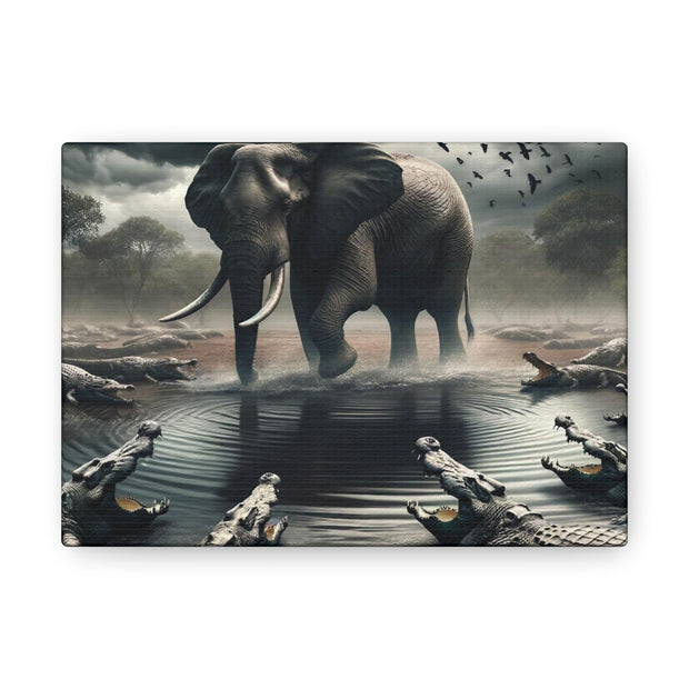 Majestic River Standoff: Elephant's Tranquility Amidst Predators - Nature Canvas Print