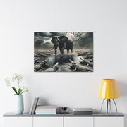 Majestic River Standoff: Elephant's Tranquility Amidst Predators - Nature Canvas Print