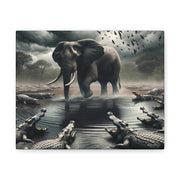 Majestic River Standoff: Elephant's Tranquility Amidst Predators - Nature Canvas Print