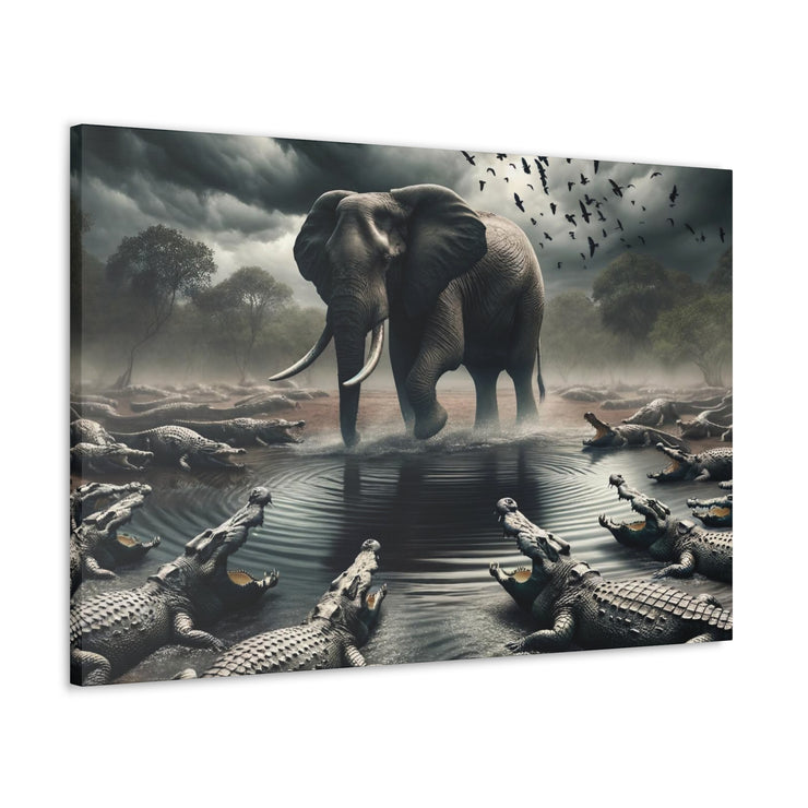 Majestic River Standoff: Elephant's Tranquility Amidst Predators - Nature Canvas Print