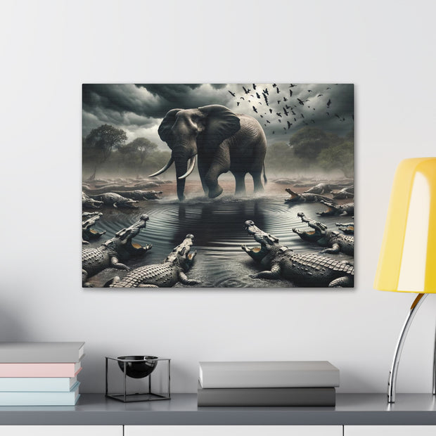 Majestic River Standoff: Elephant's Tranquility Amidst Predators - Nature Canvas Print