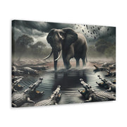 Majestic River Standoff: Elephant's Tranquility Amidst Predators - Nature Canvas Print