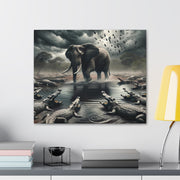 Majestic River Standoff: Elephant's Tranquility Amidst Predators - Nature Canvas Print