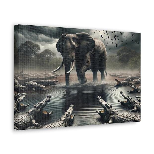 Majestic River Standoff: Elephant's Tranquility Amidst Predators - Nature Canvas Print