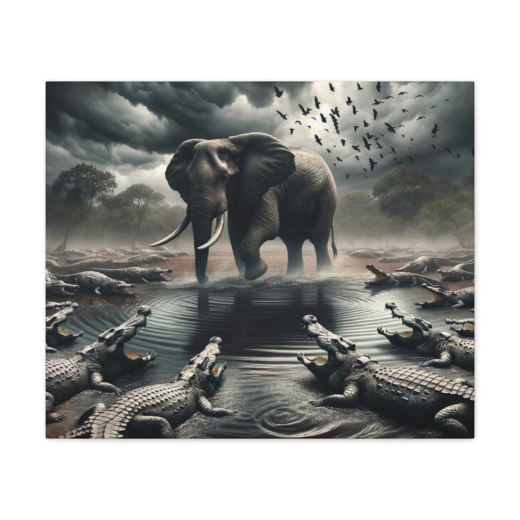 Majestic River Standoff: Elephant's Tranquility Amidst Predators - Nature Canvas Print