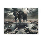 Majestic River Standoff: Elephant's Tranquility Amidst Predators - Nature Canvas Print