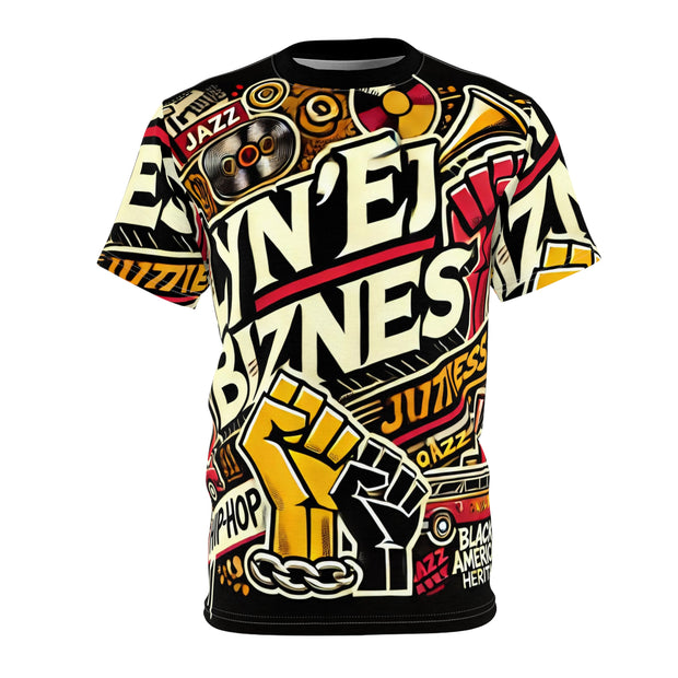 Lyn'ej Bizzness AOP T-Shirt – All-Over Print Celebrating Black American Culture