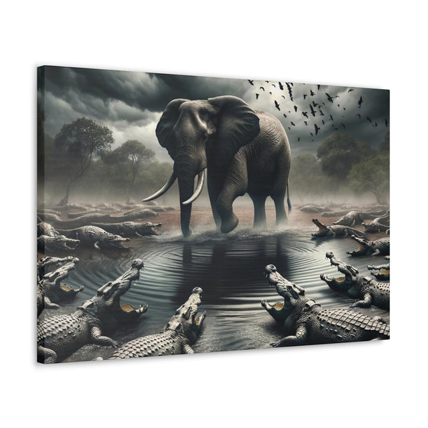 Majestic River Standoff: Elephant's Tranquility Amidst Predators - Nature Canvas Print