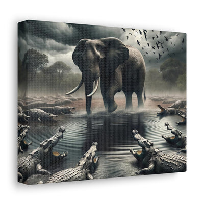 Majestic River Standoff: Elephant's Tranquility Amidst Predators - Nature Canvas Print