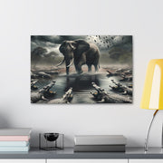 Majestic River Standoff: Elephant's Tranquility Amidst Predators - Nature Canvas Print