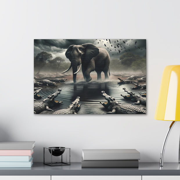 Majestic River Standoff: Elephant's Tranquility Amidst Predators - Nature Canvas Print