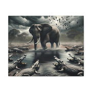 Majestic River Standoff: Elephant's Tranquility Amidst Predators - Nature Canvas Print