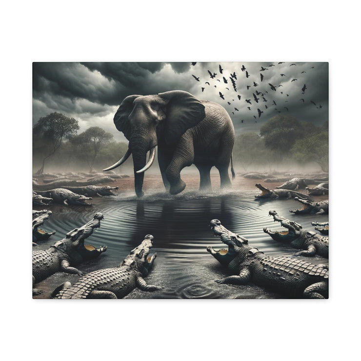 Majestic River Standoff: Elephant's Tranquility Amidst Predators - Nature Canvas Print