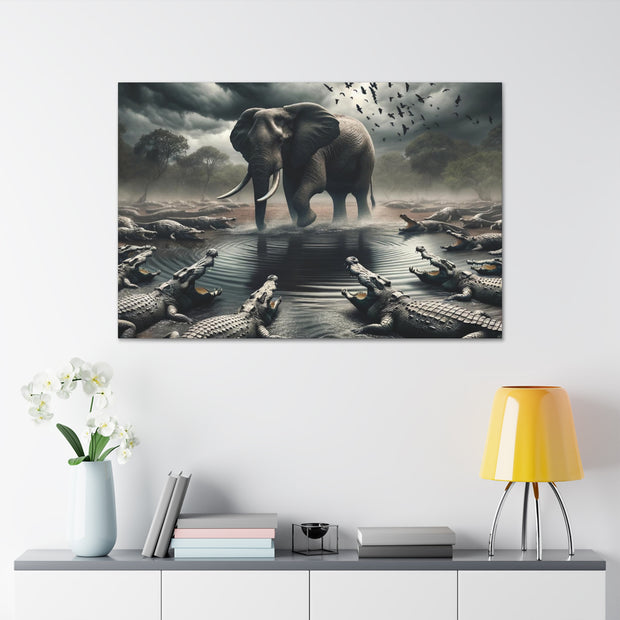 Majestic River Standoff: Elephant's Tranquility Amidst Predators - Nature Canvas Print