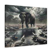 Majestic River Standoff: Elephant's Tranquility Amidst Predators - Nature Canvas Print