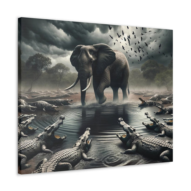 Majestic River Standoff: Elephant's Tranquility Amidst Predators - Nature Canvas Print