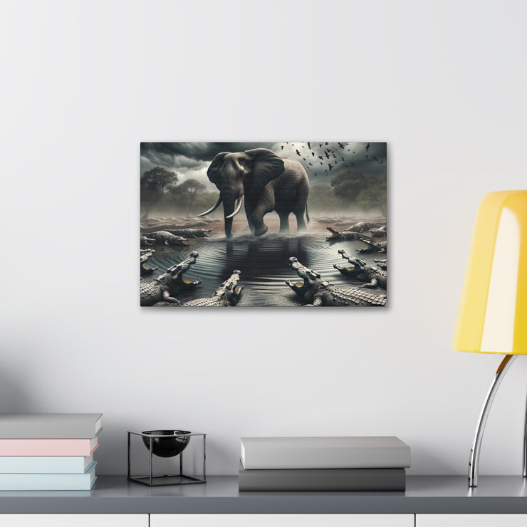 Majestic River Standoff: Elephant's Tranquility Amidst Predators - Nature Canvas Print