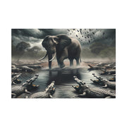 Majestic River Standoff: Elephant's Tranquility Amidst Predators - Nature Canvas Print