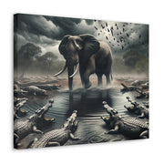 Majestic River Standoff: Elephant's Tranquility Amidst Predators - Nature Canvas Print