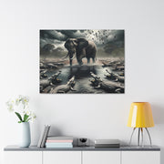 Majestic River Standoff: Elephant's Tranquility Amidst Predators - Nature Canvas Print