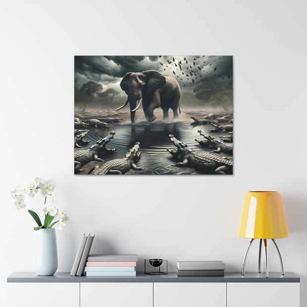 Majestic River Standoff: Elephant's Tranquility Amidst Predators - Nature Canvas Print