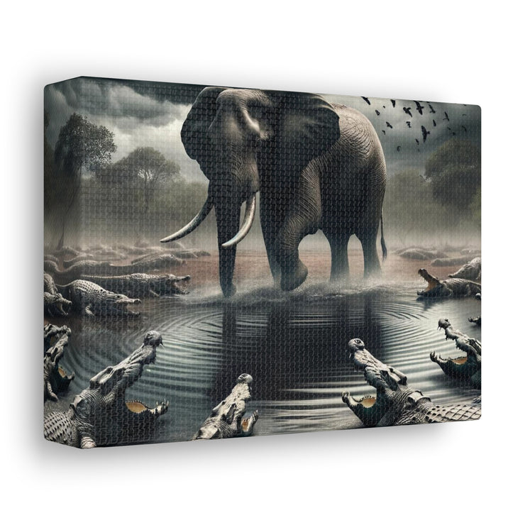 Majestic River Standoff: Elephant's Tranquility Amidst Predators - Nature Canvas Print