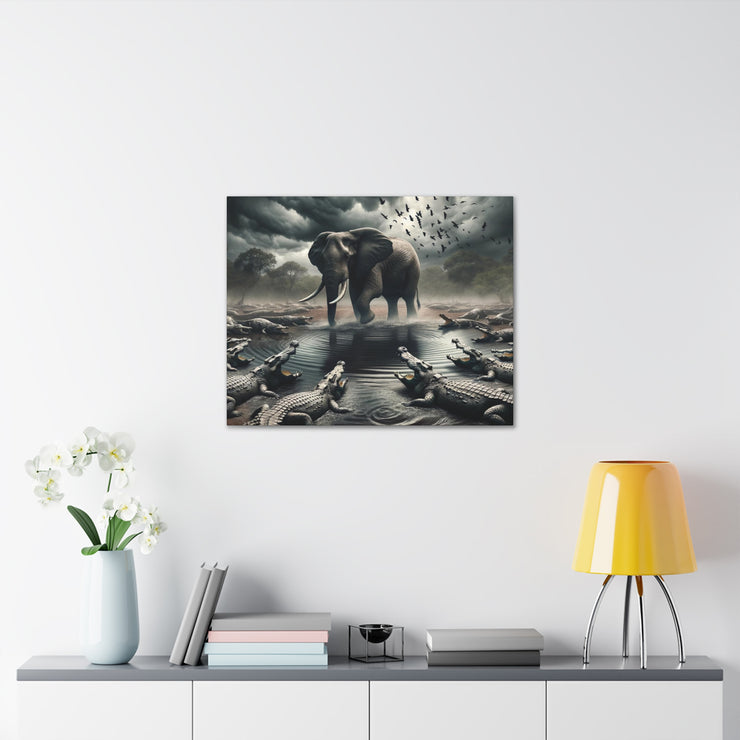 Majestic River Standoff: Elephant's Tranquility Amidst Predators - Nature Canvas Print