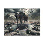 Majestic River Standoff: Elephant's Tranquility Amidst Predators - Nature Canvas Print