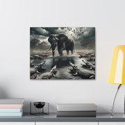 Majestic River Standoff: Elephant's Tranquility Amidst Predators - Nature Canvas Print